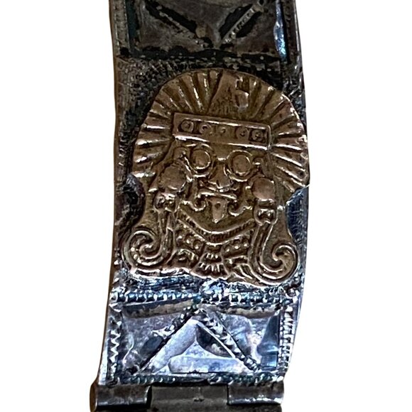 Vintage Mexican Sterling Silver & Gold Accented Panel Bracelet - Picture 11 of 16